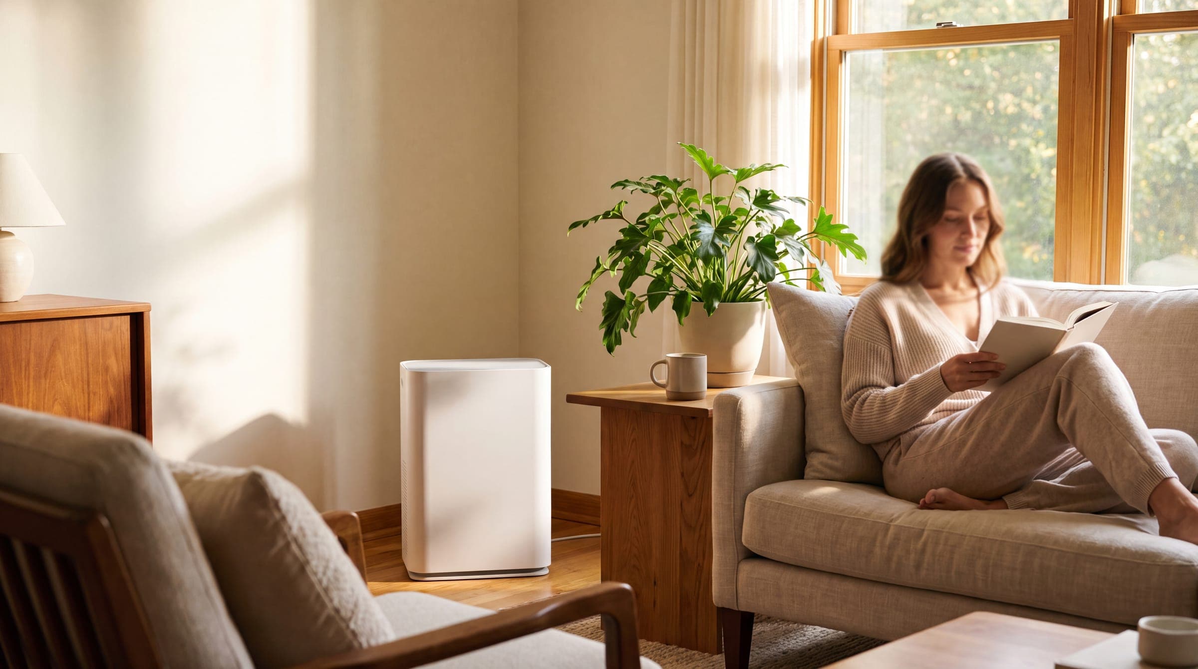 A HEPA air purifier running in a bright, sunlit living room while someone reads nearby